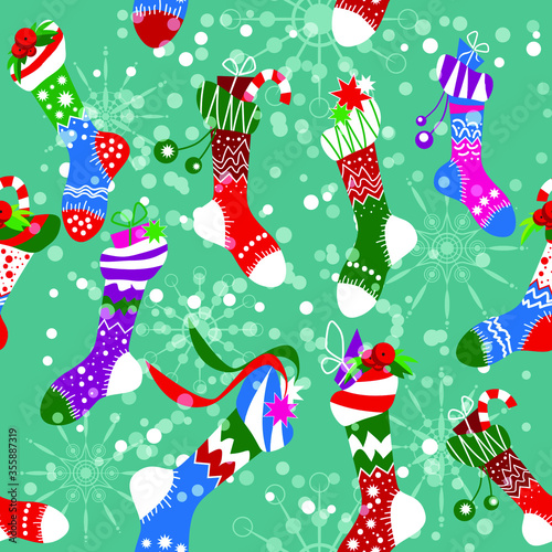 Colorfull Christmas socks on green blue menthol background. Seamless pattern. Vector illustration.