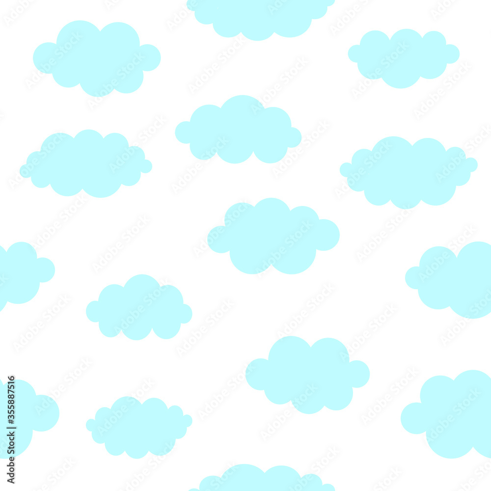 Vector illustration. Blue clouds on white background seamless pattern.