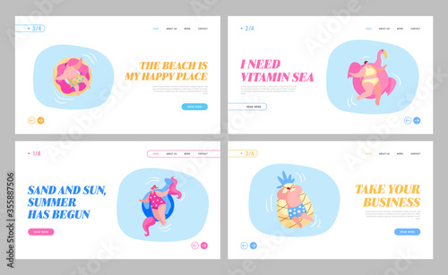 Men and Women Having Fun, Relaxing on Summer Vacation Resort Landing Page Template Set. Characters Swimming on Inflatable Mattresses in Ocean, Sea or Swimming Pool. Cartoon People Vector Illustration