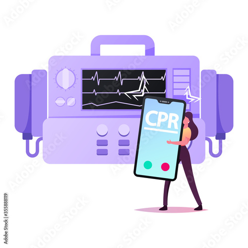 Tiny Female Character Holding Huge Smartphone Call CPR Emergency Service Stand at Huge Defibrillator. Cardiopulmonary Resuscitation Medical Procedure, Critical Patient. Cartoon Vector Illustration