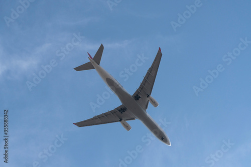 Passenger airplane at the sky from directly below