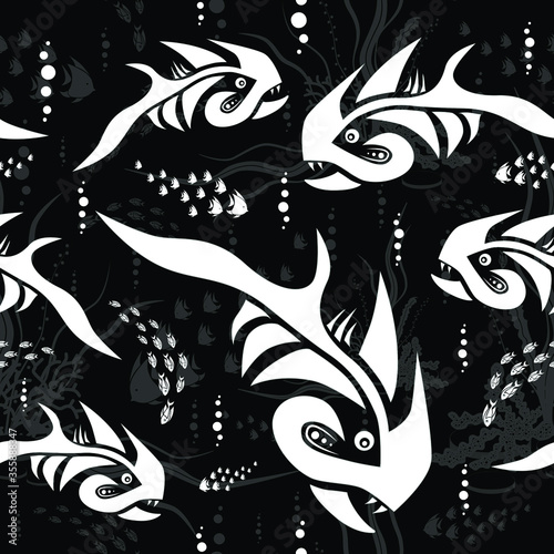 Seamless pattern. White fish predator on black backround. Vector graphic illustration.