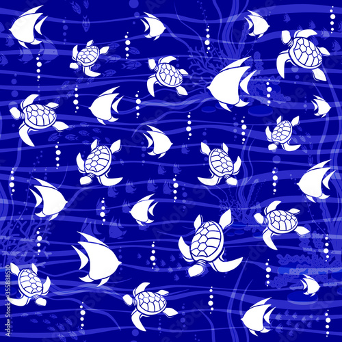 Seamless pattern. Abstract turtle and fish design on blue background. Vector creative illustration.