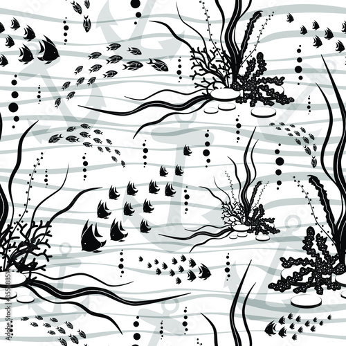 Seamless pattern. Abstract black seaweeds and fish design on white background. Vector creative illustration.