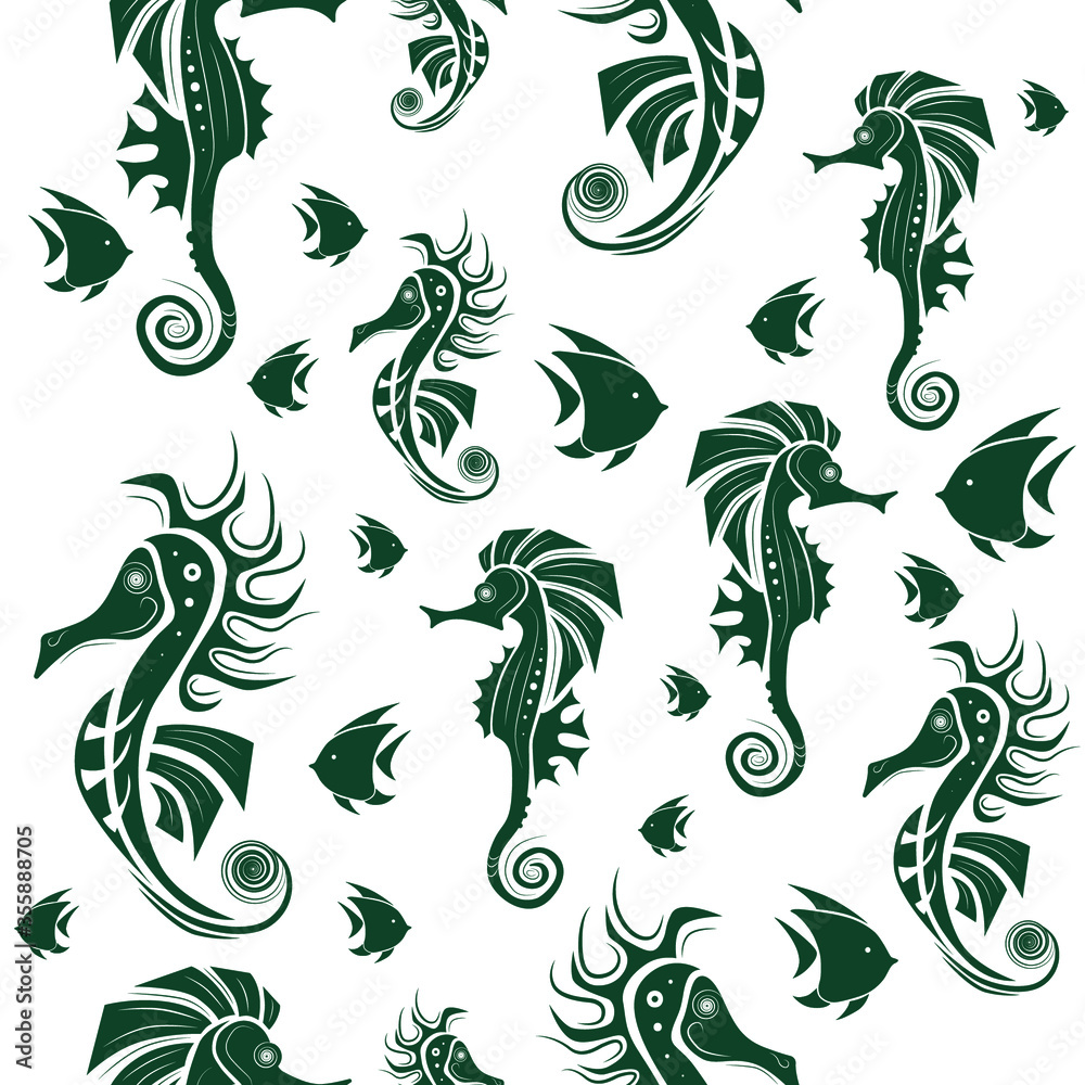 Seamless pattern. Abstract seahorse and fish design on white background. Vector creative illustration.
Seamless pattern. Abstract seahorse and fish design on white background. Vector creative illustration.