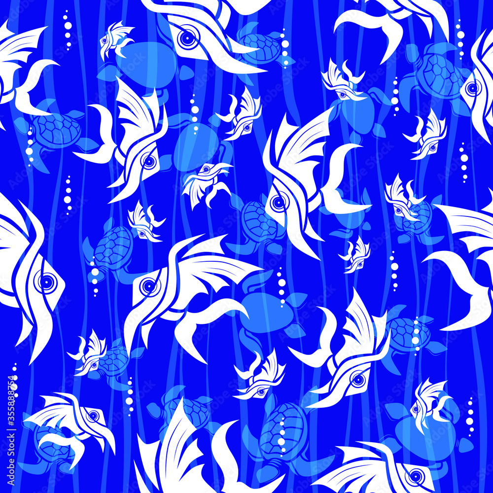 Seamless pattern. Abstract turtle and fish design on blue background. Vector creative illustration. Seamless pattern. Abstract turtle and fish design on blue background. Vector creative illustration.