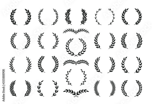 Set of different black and white silhouette round laurel foliate and olive wreaths depicting an award, achievement, heraldry, nobility, emblem. Vector illustration.