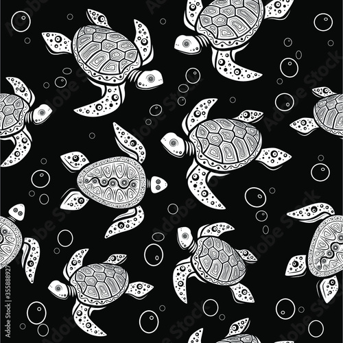 Seamless pattern. Abstract white turtle design on black background. Vector creative illustration.
