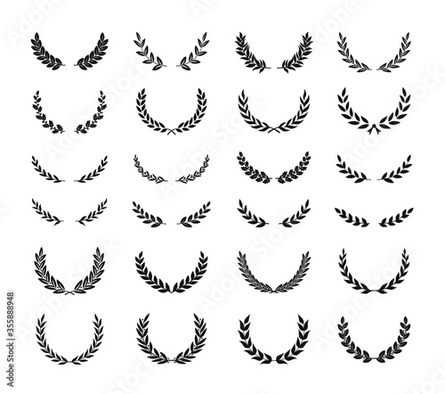 Set of different black and white silhouette round laurel foliate, oak and olive wreaths depicting an award, achievement, heraldry, nobility, emblem. Vector illustration.