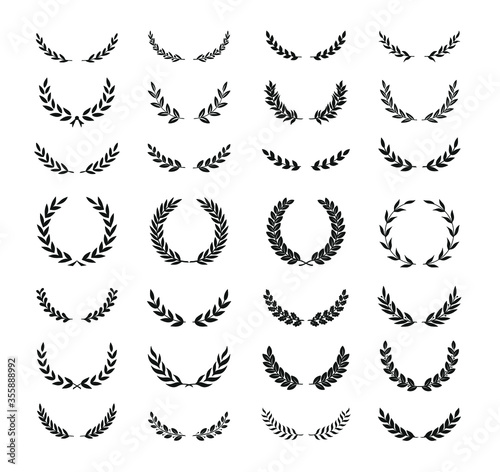 Set of different black and white silhouette round laurel foliate, oak and olive wreaths depicting an award, achievement, heraldry, nobility, emblem. Vector illustration.