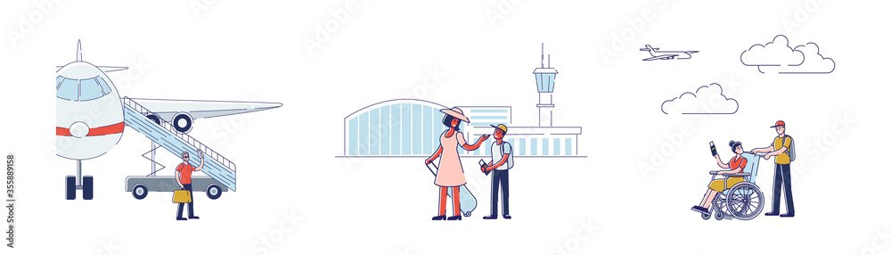 Set of plane passengers before boarding airplane. Cartoon travelers waiting for departure