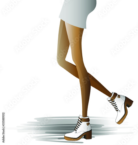 Girls legs with sport shoes, fashionable creative autumn female boots. Isolated vector artistic illustration.