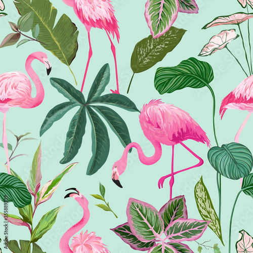 Tropical Background with Flamingo and Palm Leaves. Seamless Pattern, Botanical Background. Realistic Exotic Tropic Plants Ornament for Wrapping Paper, Fabric or Apparel Print. Vector Illustration