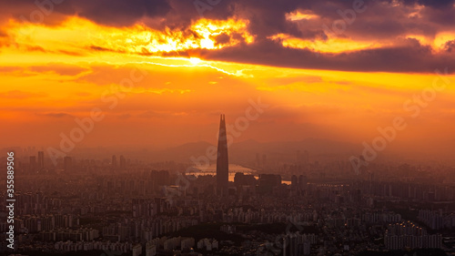 View of Seoul City Skyline at Sunset
