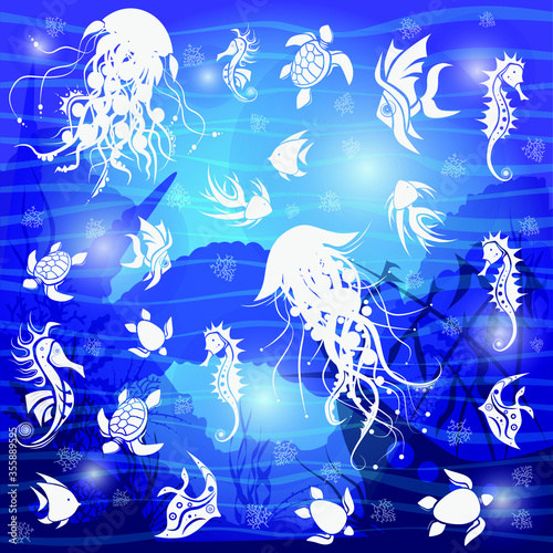 Blue underwater life pattern with waves and bubbles and marine creatures. Vector illustration.