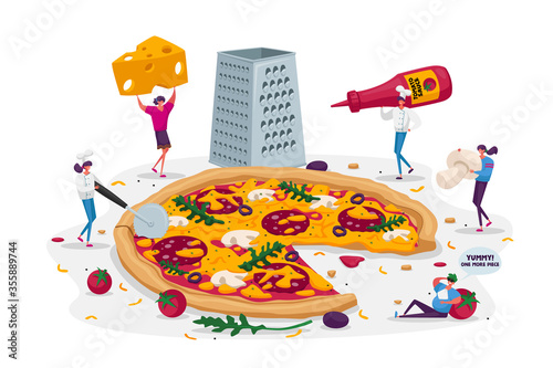 Tiny People Eating Huge Pizza. Male and Female Characters Cut with Knife, Put Ketchup or Cheese, Take Piece of Tasty Italian Food. Fast Food Cafe or Bistro Visitors. Cartoon People Vector Illustration