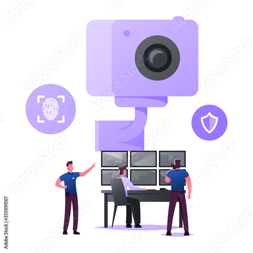 Security Characters Monitoring Surveillance System, Technology for Protection Property. Men at Huge Video Camera Looking at Multiple Monitors Control Environment. Cartoon People Vector Illustration