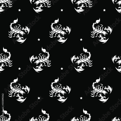Seamless pattern. Stylized white scorpions and stars on black background. Vector illustration 