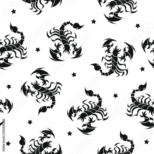 Seamless pattern. Stylized black scorpions and stars on white background. Vector illustration