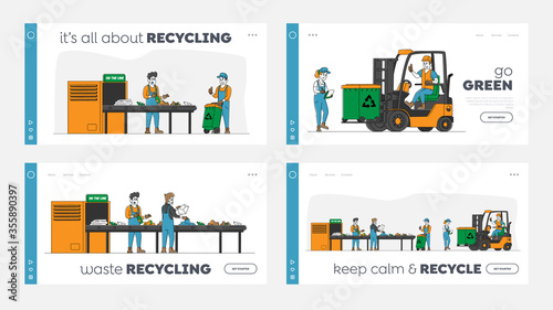 Litter Industry Landing Page Template Set Characters Work on Waste Recycling Plant with Containers for Garbage Separation and Forklift Truck to Reduce Eco Pollution. Linear People Vector Illustration