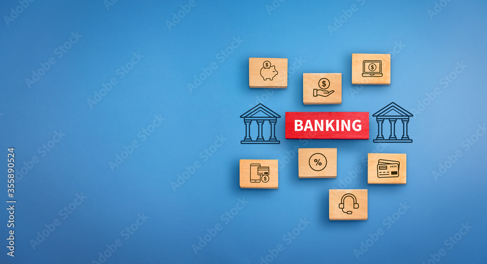 wooden block with text Banking with banking services icons. Banking concept, Banking background.