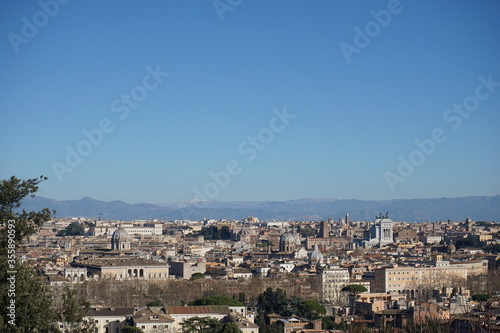 Aerial panoramic view of Rome from the Gianicolo Terrace in Italy. Skyline of old Roma city 