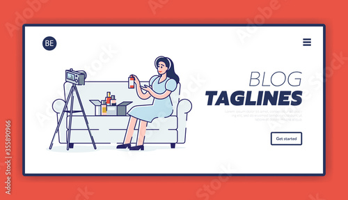 Landing page for beauty blog interface with Girl blogger filming new video with cosmetics unboxing