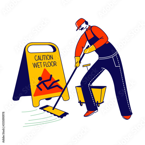 Janitor Male Character Mopping and Cleaning Floor with Yellow Caution Sign Warning People to be Careful. Wet Floor Precaution Message in Office, Airport or Public Place. Linear Vector Illustration