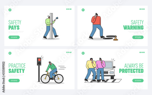 Pedestrian accidents with using mobile phones set of template landing pages