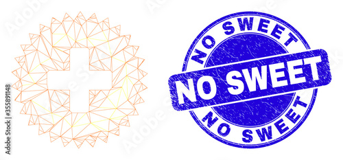 Web mesh medical cross icon and No Sweet seal stamp. Blue vector round textured stamp with No Sweet text. Abstract carcass mesh polygonal model created from medical cross icon.