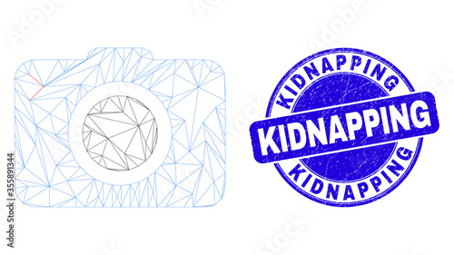 Web mesh photo camera pictogram and Kidnapping stamp. Blue vector round grunge stamp with Kidnapping phrase. Abstract carcass mesh polygonal model created from photo camera pictogram.