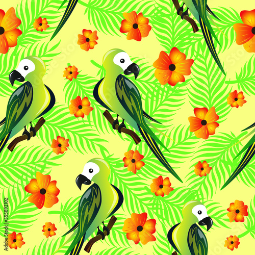Parrot tropic bird sitting on a bench of tree. Vector illustration. Seamless pattern.