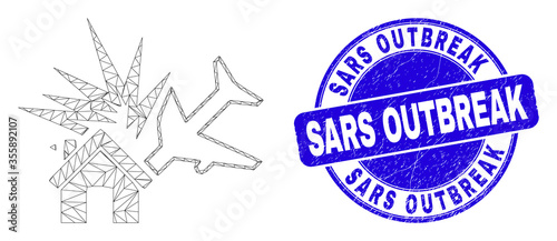 Web mesh airplane disaster icon and Sars Outbreak seal. Blue vector rounded textured stamp with Sars Outbreak message. Abstract carcass mesh polygonal model created from airplane disaster icon.