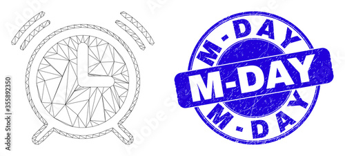 Web carcass alarm clock pictogram and M-Day seal stamp. Blue vector round scratched seal stamp with M-Day message. Abstract carcass mesh polygonal model created from alarm clock icon.