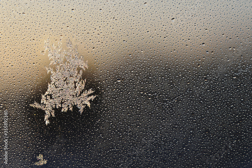 Wet and frozen window for background. Ice pattern and drops of condensate on the sweaty glass in the light of sunrise. Closeup. Copy space