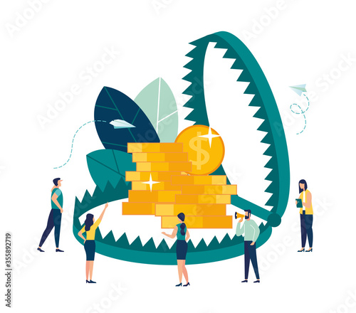 Vector illustration, creative metaphor on the theme of money traps, a trap as a symbol of financial illiteracy of people and the pursuit of easy money.