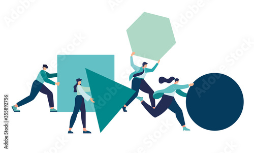 Businessman pushing sphere and leading the race against group other not so lucky guy pushing boxes. Concept of innovation in business, winning strategy, efficiency. Vector