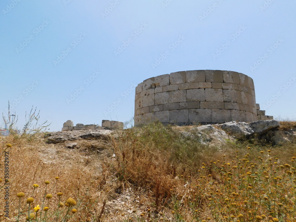May 2018, Piraeus, Greece. Ruins of the Eetioneia or Ietionia gate of the ancient Piraeus fortifications, of 411 BC