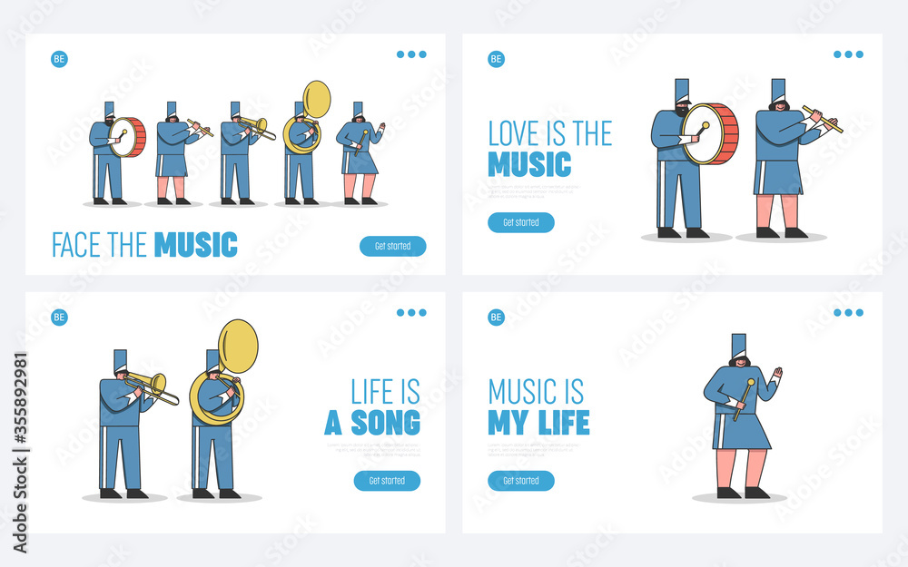 Set of landing pages marching band cartoons. Military orchestra performance for parade or festival Set of landing pages marching band cartoons. Military orchestra performance for parade or festival
