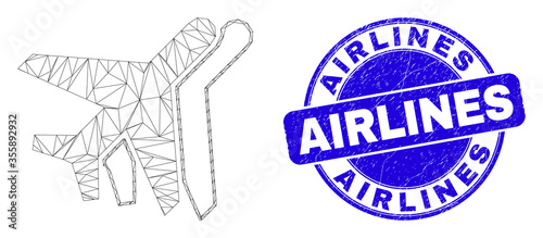 Web mesh aviation icon and Airlines stamp. Blue vector rounded distress seal stamp with Airlines title. Abstract frame mesh polygonal model created from aviation icon.