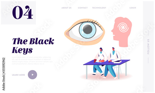 Psychology Medicine, Consciousness Landing Page Template. Medic Students Characters in Robe Sitting at Desk Learning Hypnosis. Huge Human Eye and Head with Spiral. Cartoon People Vector Illustration