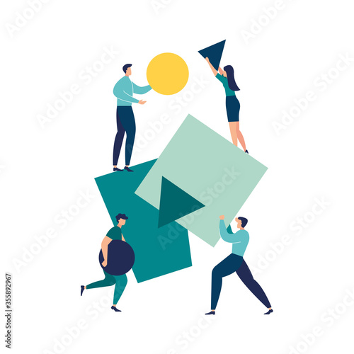 vector illustration flat people. A team of people assemble an abstract geometric puzzle. characters collect geometric shapes