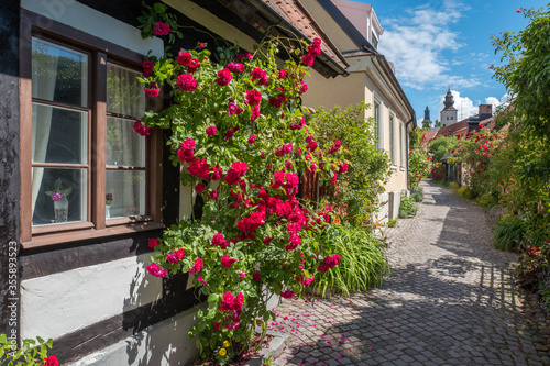 Picturesque medieval alley Fiskargränd is a popular tourist attraction in Visby on Swedens’ largest island Gotland. photo