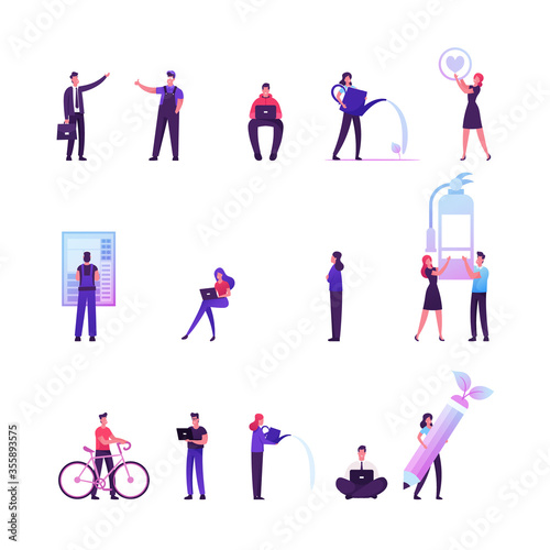 Set of Male and Female Characters Working on Laptop in Green Office, Woman Watering Plants, Man Riding Bicycle. People Use Fire Extinguisher, Worker at Electric Panel. Cartoon Vector Illustration