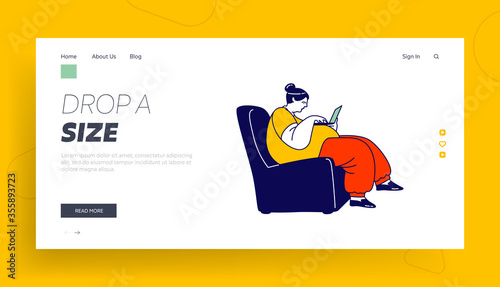 Obesity Landing Page Template. Overweight Woman Sitting in Armchair with Laptop Stand on Huge Belly. Fat Female Character Reading Useful Information about Weight Loss. Linear Vector Illustration