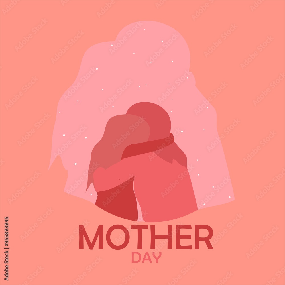 Happy mother day concept. Daughter congratulating mom on beautiful mother's day. Mom and child hugging. Illustration vector