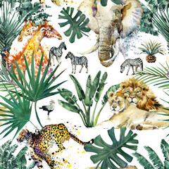 Sierkussen Tropische print patronen Vintage safari aquarel met palmbomen  © Елена Фаенкова