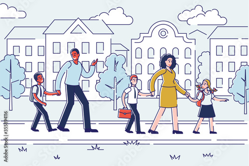Parents walking kids to school over linear city buildings. Mother, father and schoolchildren