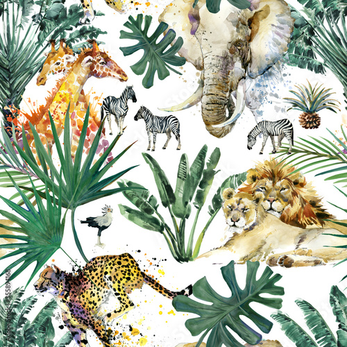 Photography Watercolor seamless patterns with safari animals and palm trees