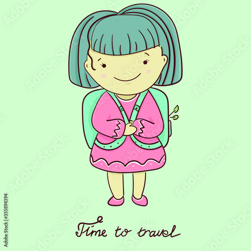 
little cute girl in a pink dress with a blue backpack behind. summer, time to travel. vector illustration. isolated objects. for cards, books, sites. holiday picture